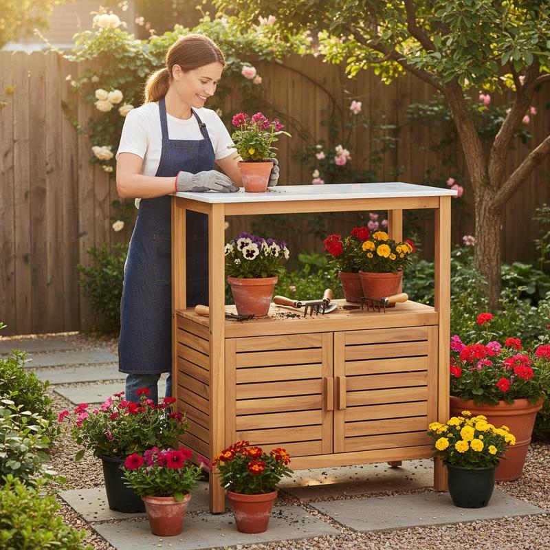Woodworking Workbench - 屋外用植木鉢置き台 アカシア材 ガーデンポッティングテーブル 植栽作業台 ルーバー付き扉付き