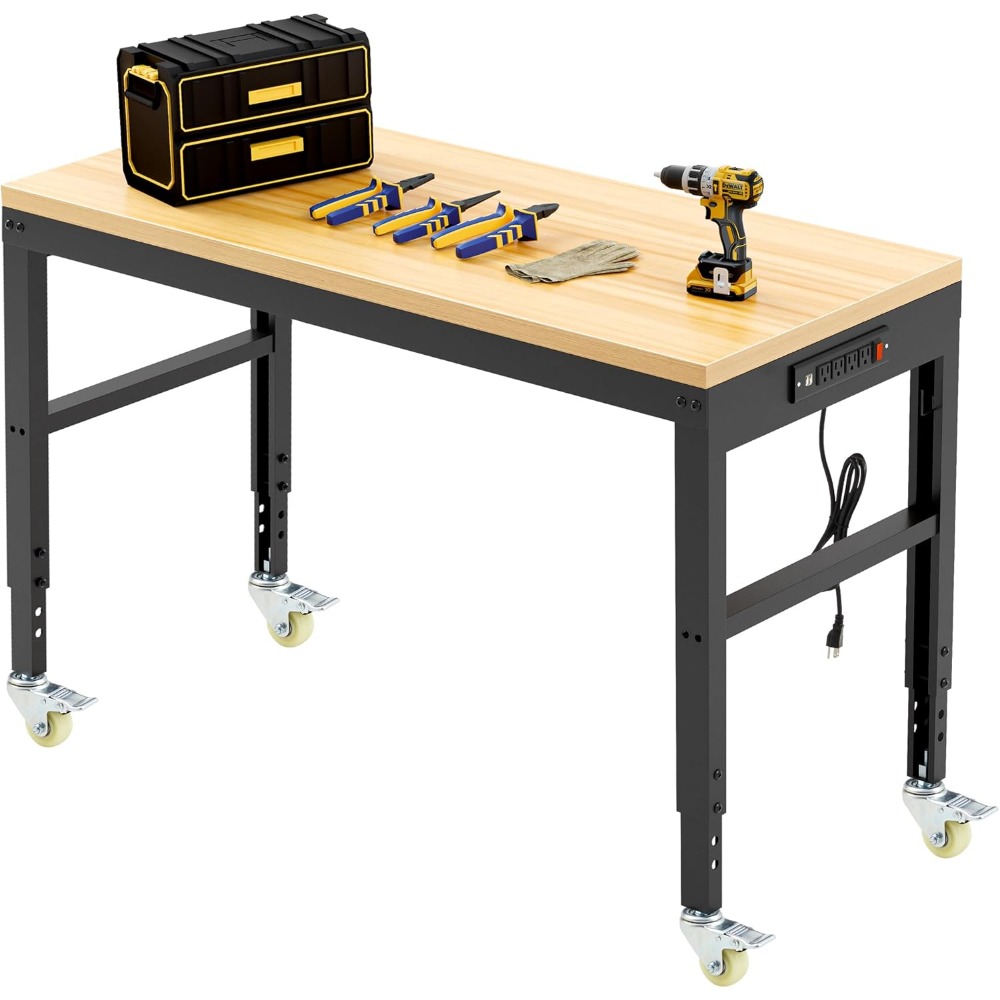 Woodworking Workbench - 調整可能な作業台、頑丈な木製作業台、耐荷重2000ポンド、電源コンセントと車輪付き作業台（ガレージ用）