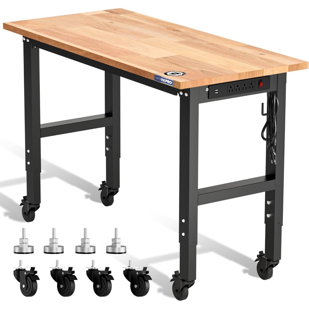 Woodworking Workbench - ガレージ作業台、48X22インチの調節可能な作業台（ホイールと水平調整脚付き）、ゴム材天板の作業デスク（電源コンセント付き）