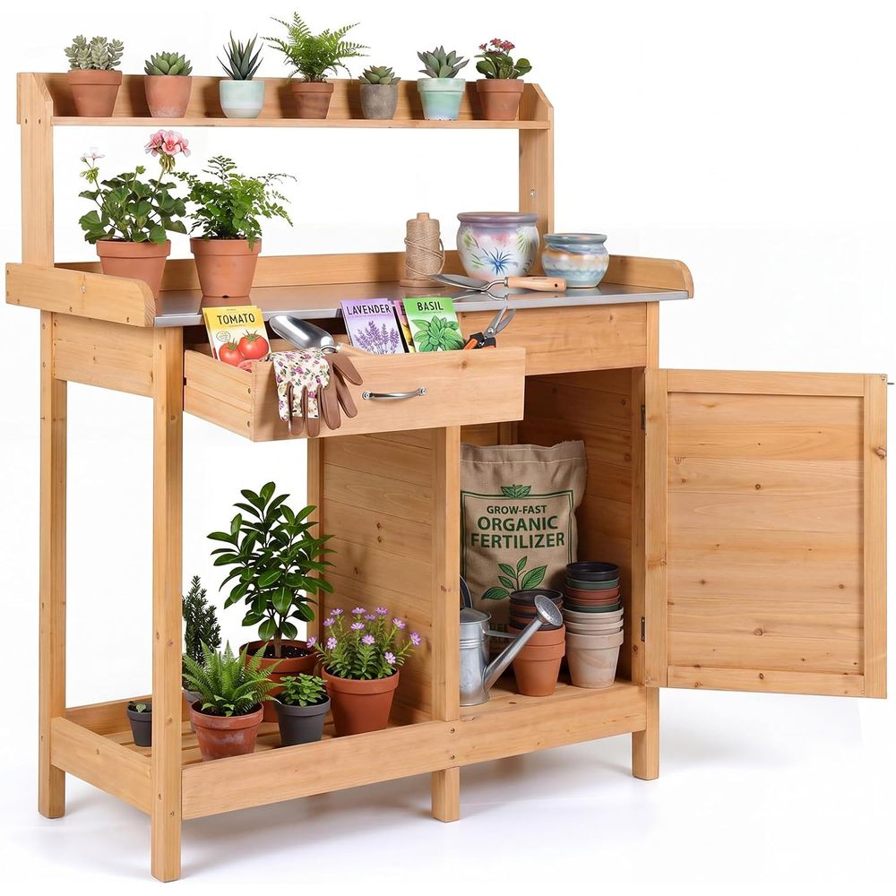 Woodworking Workbench - 屋外用植木鉢置き台 木製ガーデンワークステーション 収納キャビネット付き オープンシェルフ サイドフック付き 金属製テーブルトップ