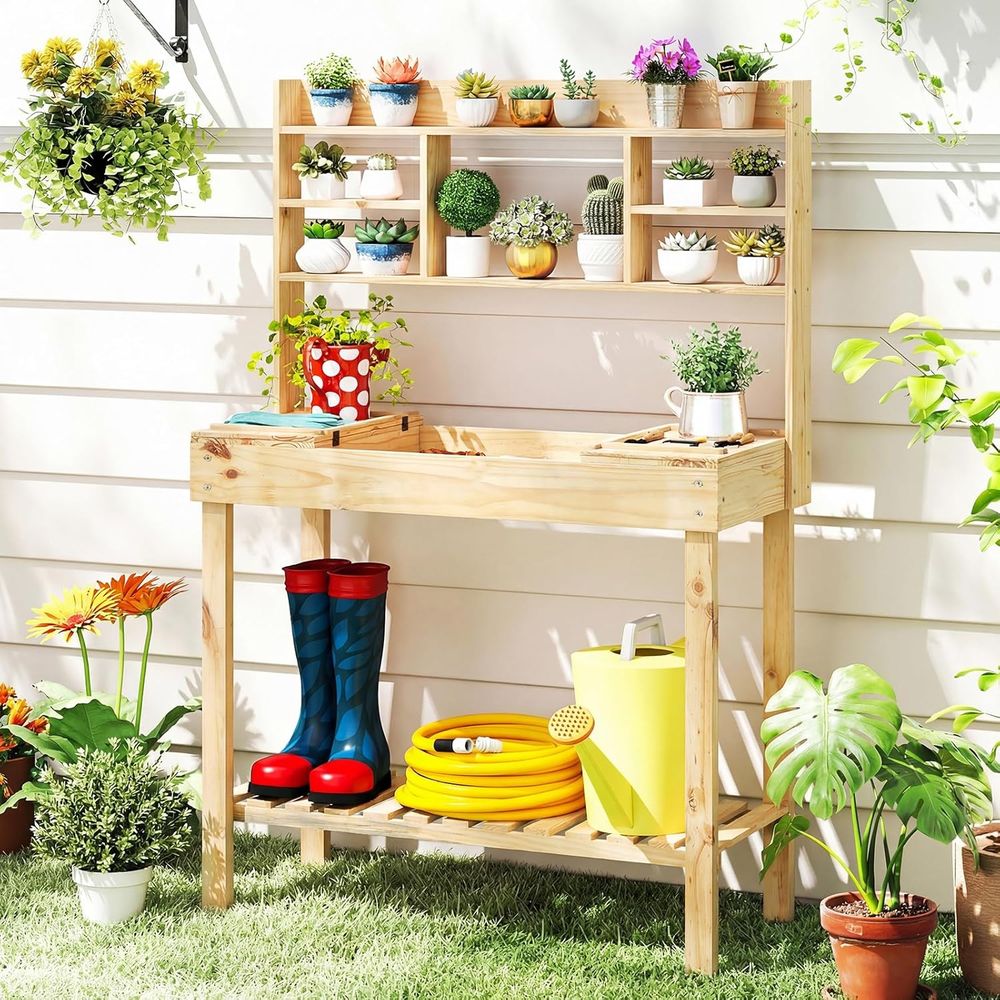 Woodworking Workbench - ポッティングベンチテーブル、60インチ木製ガーデンワークベンチワークステーション、収納付き、リップアップテーブルトップ、棚と吊り下げフック、屋外ガーデン用