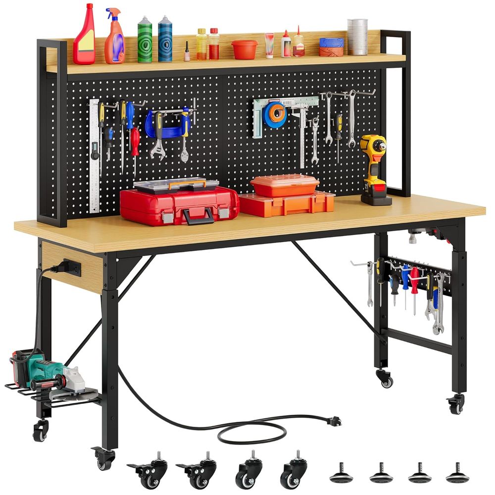 Woodworking Workbench - 60インチヘビーデューティーワークベンチ（ペグボード＆ホイール付き、高さ調整可能な作業台） | 木製天板、移動式作業台、AC/USBコンセント、フック、ラック