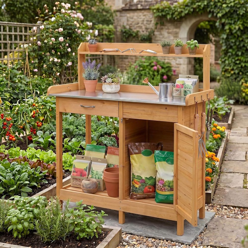 屋外用植木鉢置き台 木製ガーデンワークステーション 収納キャ - Woodworking Workbench のレビューと価格