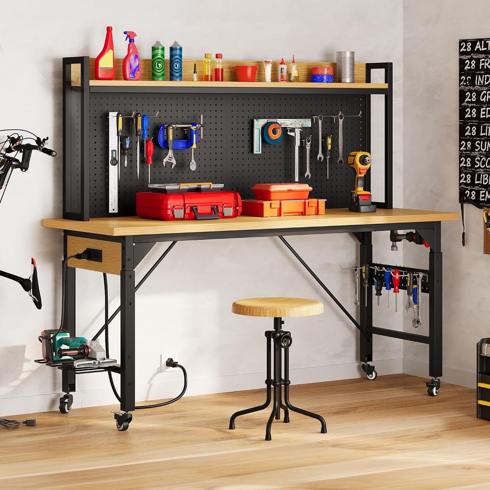 60インチヘビーデューティーワークベンチ（ペグボード＆ホイー - Woodworking Workbench のレビューと価格